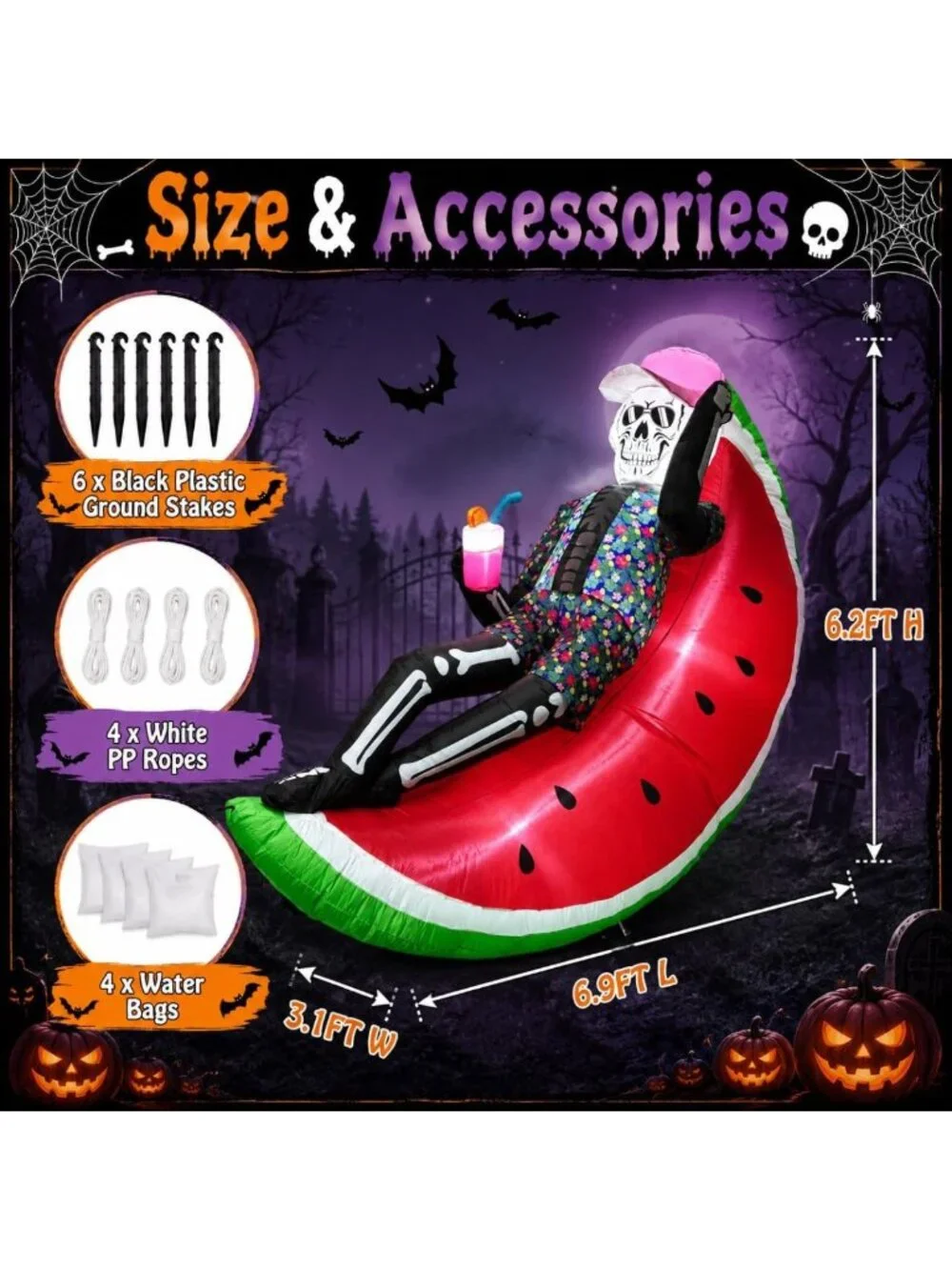 6.9FT Inflatable Skeleton on Watermelon, LED Halloween Yard Decor, Blow Up